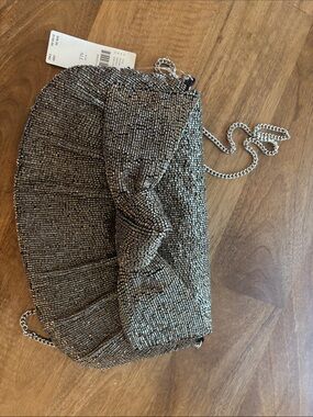 Anthropologie Silver Beaded Knot-Detail Crossbody Bag